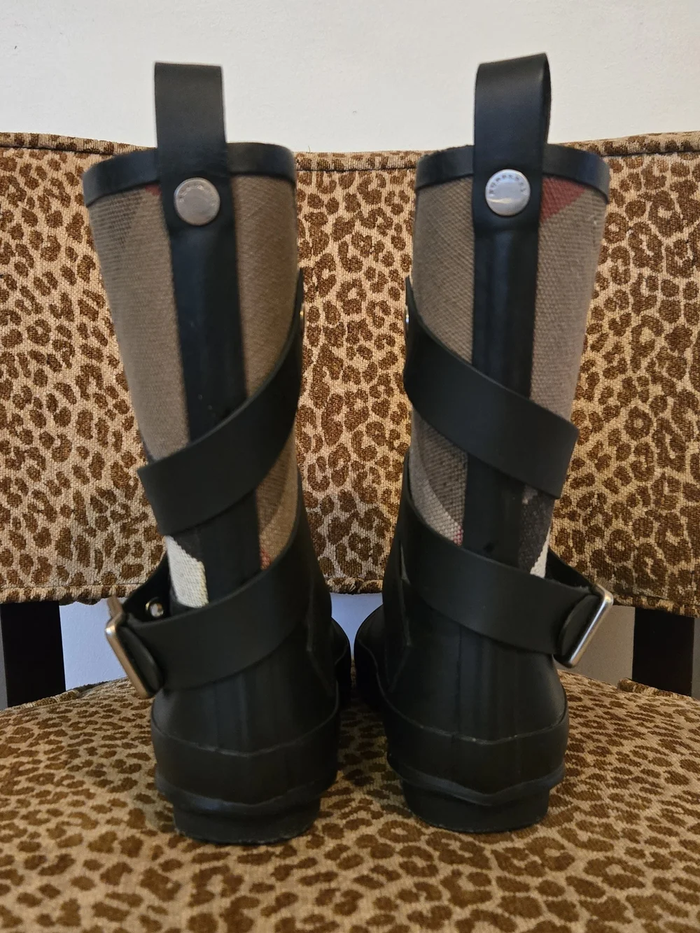 Burberry Hollow Nova Check Black and Beige Plaid Mid-Calf Rain Boots with Buckle